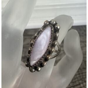 Long Native American Indian Mother of Pearl Sterling Silver Ring Size 6 MOP